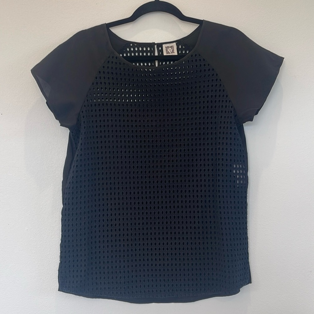 Anne Klein Women’s Black Eyelet Short Sleeve Blouse - Size Large -